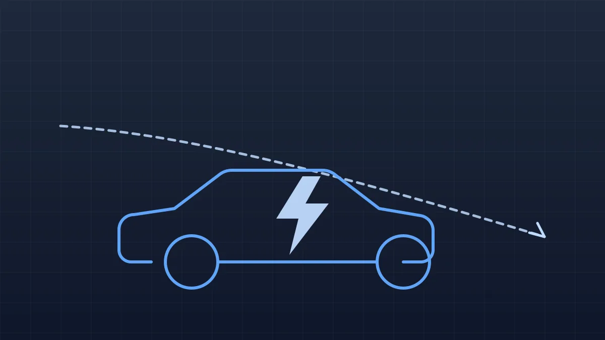 Silhouette de voiture électrique devant une courbe de pétrole descendante